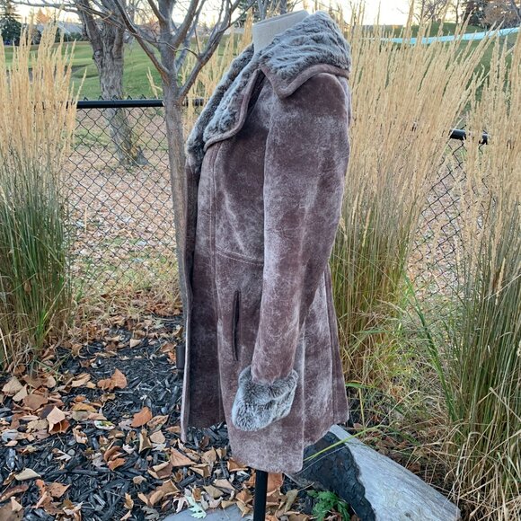 Vintage Penny Lane Pea Coat Faux Suede Fur Trim Double Breasted Overcoat - Picture 5 of 16